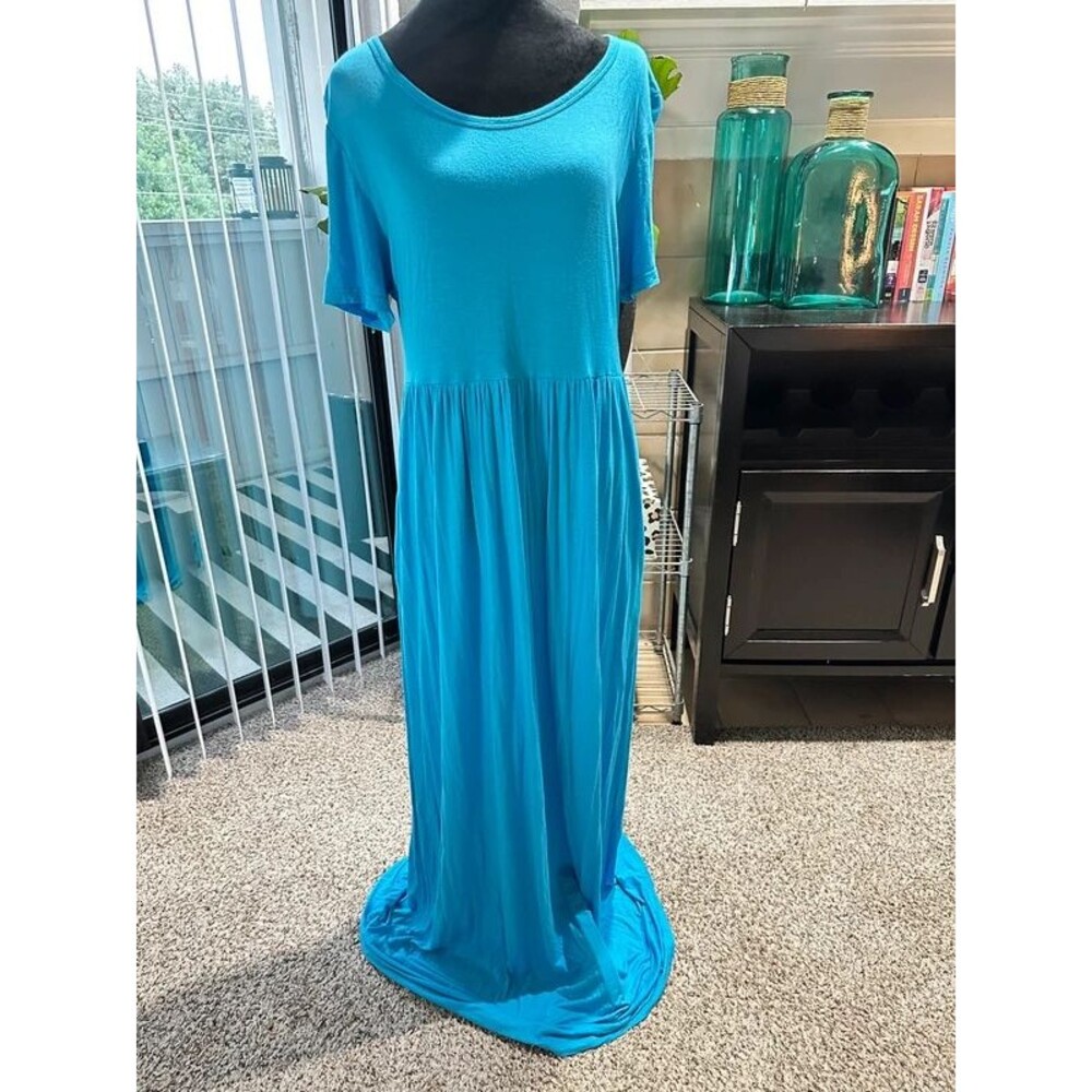 Viishow Women's XL Long Blue Flowy Pleated Maxi Dress with Pockets Stretchy